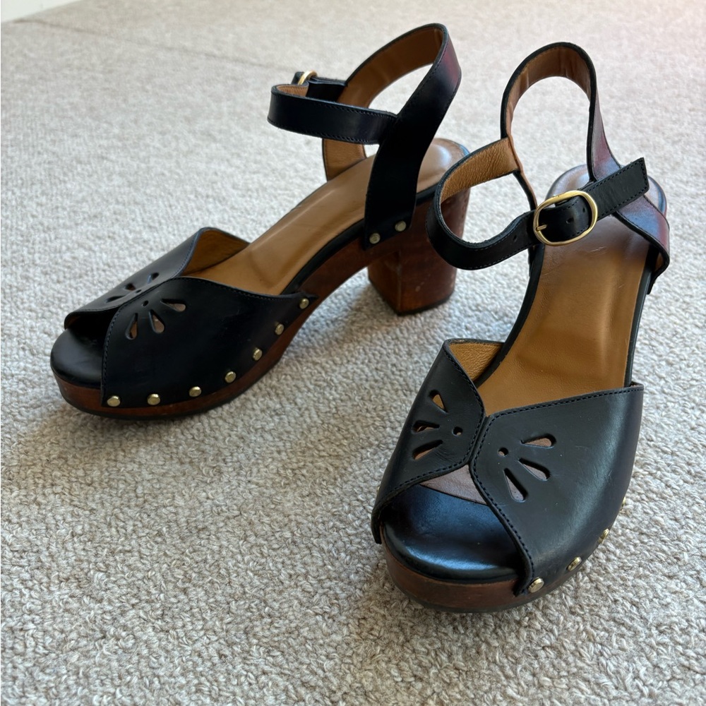 Sézane - Sienna Black Leather Slingback Clog Heels